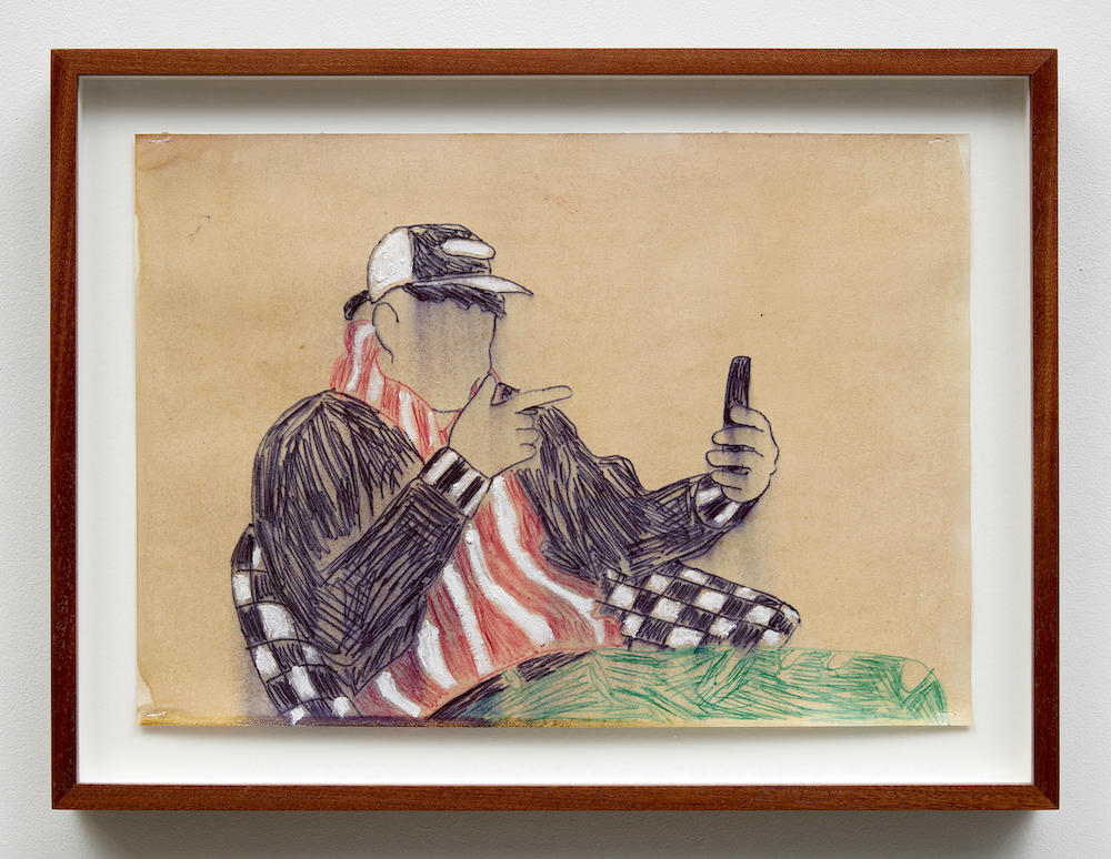 <i>Content</i>, 2024. Ballpen, shellac, acrylic and oil on paper 11 5/8 x 16 1/8 in (29.5 x 41 cm).